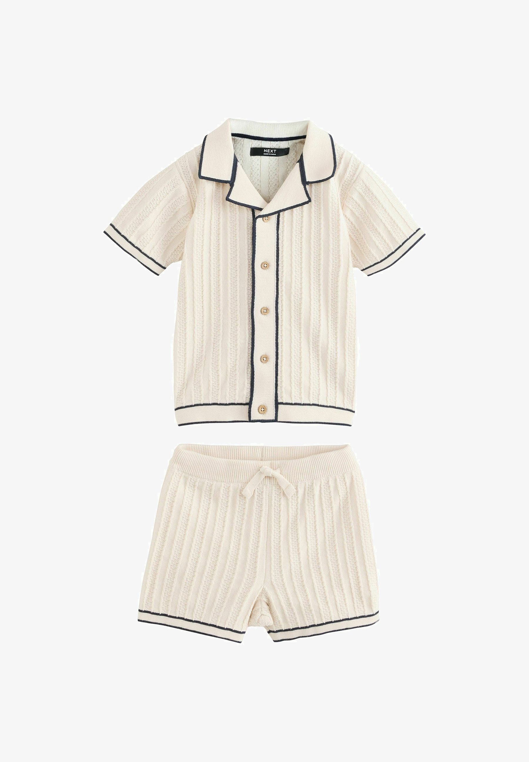 NEXT Completo Bambino 6 Mesi | Camicia Maniche Corte Con Rever E Shorts | Ecru Texture Plain