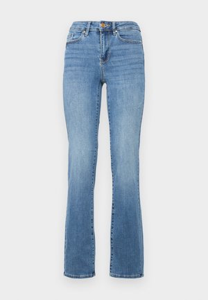 Lichtblauwe denim jeans met een rechte pijp, vijf zakken, knoopsluiting en contrasterende stiksels. Geen zichtbare slijtage of patronen.