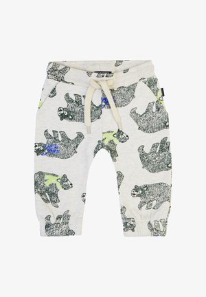Lichtgrijze joggingbroek met een berenpatroon in donkergroen en blauw. Zachte textuur met een elastische tailleband en trekkoord, geschikt voor casual gebruik.