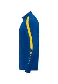 Maglietta da allenamento a maniche lunghe di colore blu con una striscia diagonale gialla e bottoni gialli a contrasto sulle maniche. Tessuto morbido e strutturato.