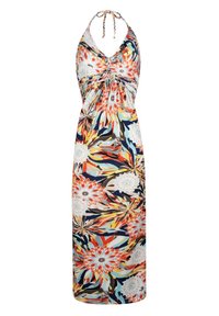 Haltertop-Kleid mit einem floralen Muster in lebendigen Farben von Orange, Blau und Weiß. Aus leichtem Stoff mit gerafftem Brustbereich gefertigt.