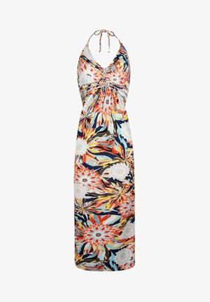 Halter-stila kleita ar ziedu rakstu, kurā valda spilgtas krāsas – oranža, zila un balta. Izgatavota no viegla auduma ar ručinātu krūšu daļu.