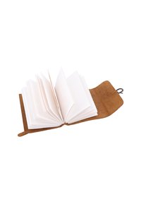 Leather-bound notebook with blank, textured white pages, open to show interior. Soft, brown cover has a suede finish and a ribbon closure.