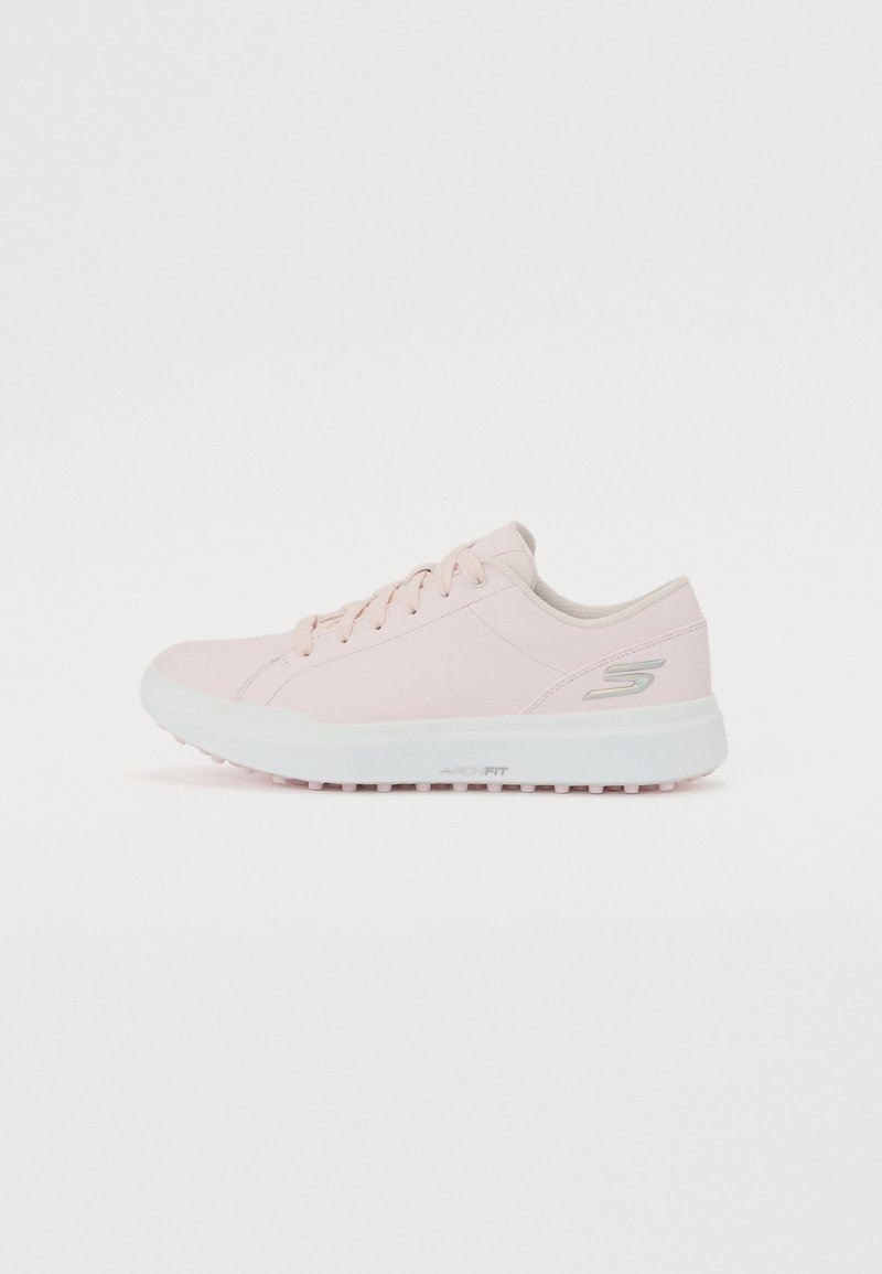 Light pink athletic shoe with smooth synthetic upper, round toe, lace-up front, padded collar, and a white, textured rubber sole.