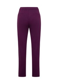 Purple plan pants with a fitted design, featuring a smooth texture and two back patch pockets. No visible closures or embellishments.