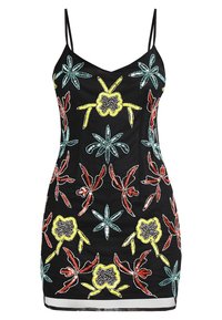 Svart ärmlös klänning med färgglad blommönstrad paljetterbroderi i gult, rött och turkos. Slim fit med en rak nederkant.