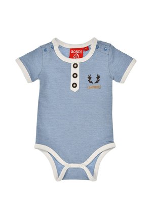 Blue and white striped short-sleeve baby onesie with three buttons, white trim, and small antler design above "LAUSBUB" patch.