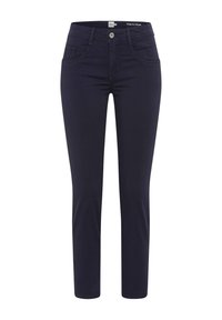 Námořnické modré kalhoty s úzkým střihem, vyrobené z elastického materiálu. Obsahují přední a zadní kapsy, poutka na pásek a zapínání na knoflík.