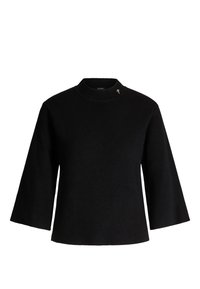 Zwart gebreid sweater met een hoge hals, driekwart mouwen en een kleine gouden accent op de schouder. Geweven stof.