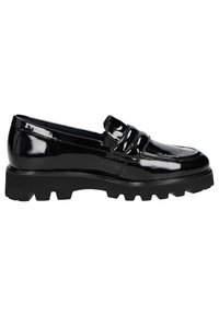 Zwarte patenten leren instappers met een dikke, gestructureerde zool en dubbele bandaccenten over de wreef. Glad afwerking met een ronde neus.