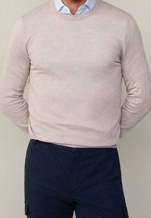 Homme portant un pull beige clair à col rond sur une chemise bleu clair à col et un pantalon bleu marine, debout les mains derrière le dos.