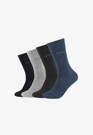 Vier Paar Socken in marineblau, grau, dunkelgrau und blau. Aus weichem Material mit gerippter Textur und kurzer Knöchelhöhe.