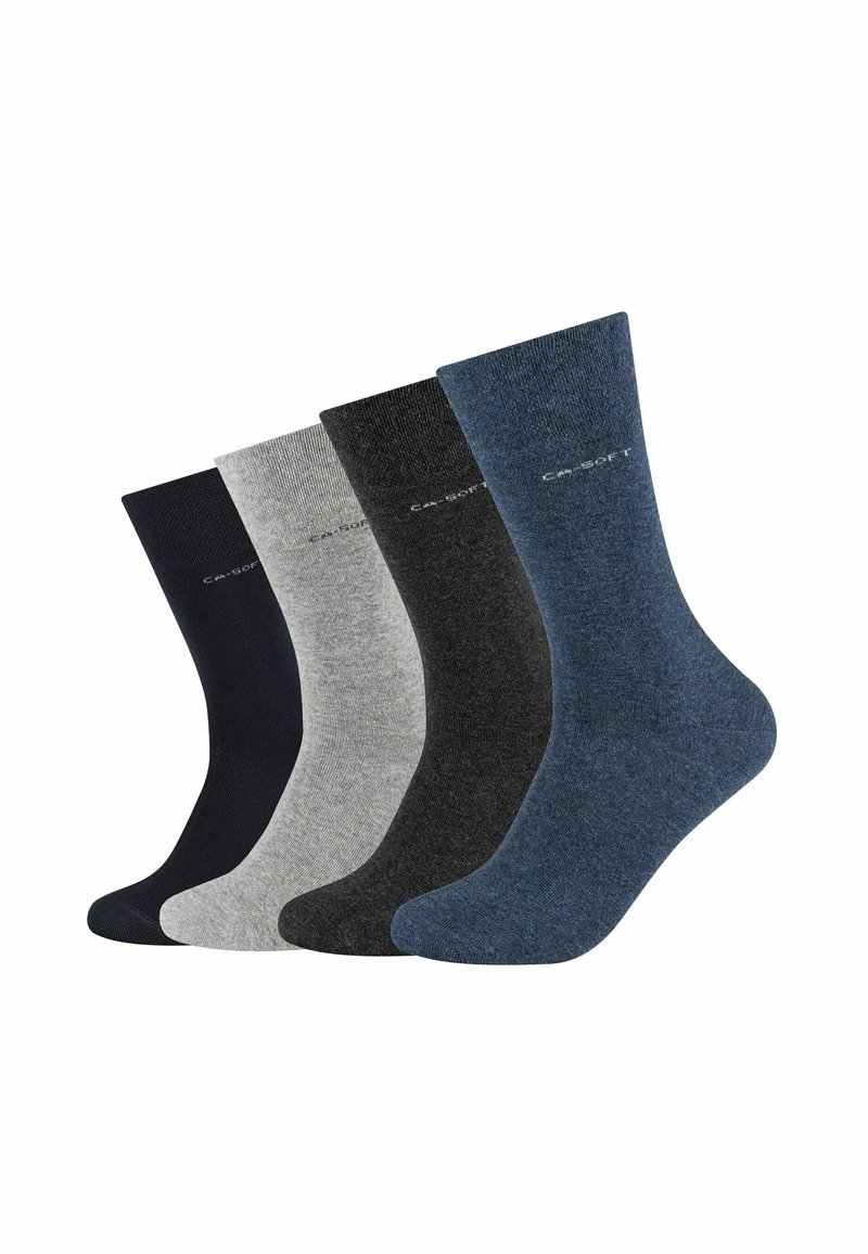 Quattro paia di calzini in tonalità navy, grigio, grigio scuro e blu. Realizzati in materiale morbido con una texture a coste e una lunghezza corta alla caviglia.