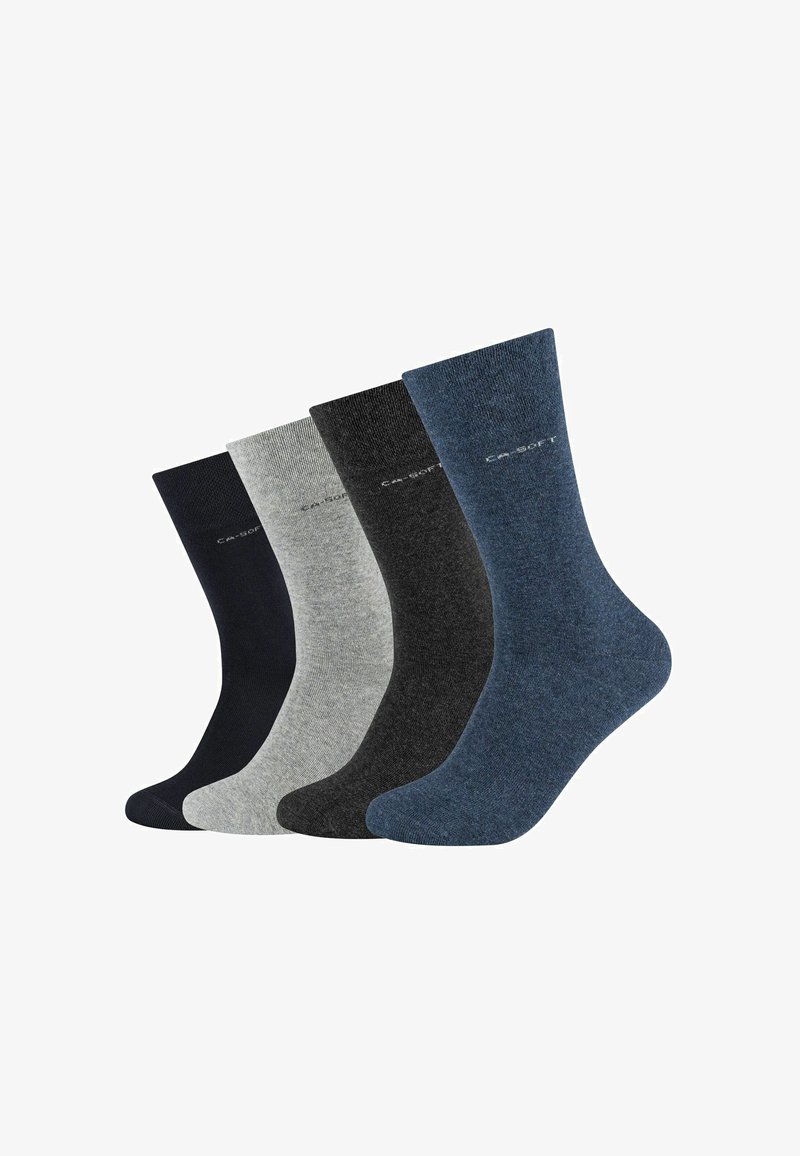 Quattro paia di calzini in tonalità navy, grigio, grigio scuro e blu. Realizzati in materiale morbido con una texture a coste e una lunghezza corta alla caviglia.