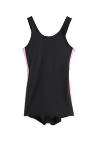 Svart baddräkt med breda axelband, med rosa sidopartier. Tillverkad av slät, elastisk tyg. Tankmodell med en figurnära liv.
