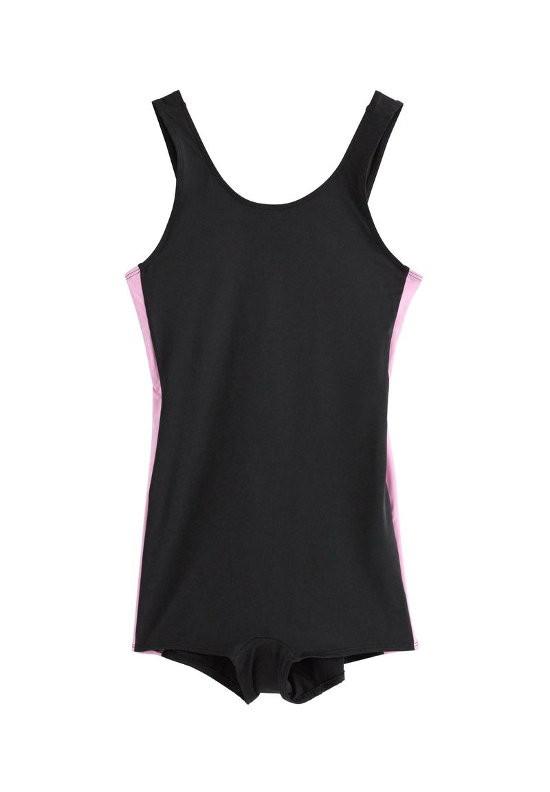 Svart baddräkt med breda axelband, med rosa sidopartier. Tillverkad av slät, elastisk tyg. Tankmodell med en figurnära liv.
