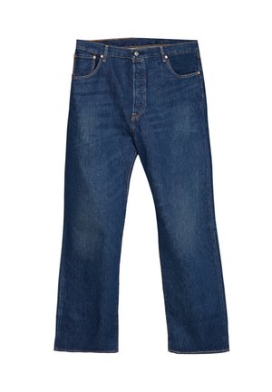 Dark blue straight-leg denim jeans with classic five-pocket design and visible stitching, laid flat on a white background.