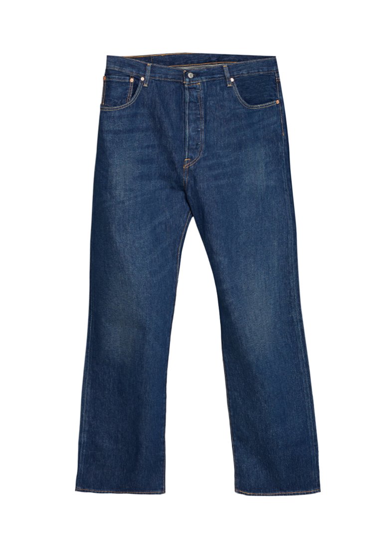 Jeans de mezclilla rectos en un tono azul oscuro con un clásico diseño de cinco bolsillos y costuras visibles, dispuestos planos sobre un fondo blanco.