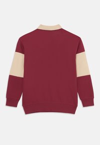 Bordeaux pullover med en beige krave og kontrasterende beige ærmer. Har et struktureret stof og ribbede manchetter. Klassisk pasform design.