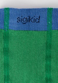 Grüne und blaue gestrickte Socken mit einem blauen Rippbündchen. Enthält gestickte Nähte und das Logo "sigikid" in Schwarz aufgedruckt.