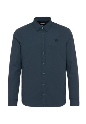 Marineblaues Langarm-Hemd mit Knöpfen und strukturiertem Muster, Kragen und Logo auf der Brust. Verfügt über passende Knopfverschlüsse.