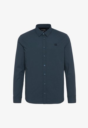Marineblaues Langarm-Hemd mit Knöpfen und strukturiertem Muster, Kragen und Logo auf der Brust. Verfügt über passende Knopfverschlüsse.