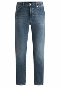 Denim jeans in een medium blauwe was, met een klassieke rechte snit, vijf zakken en subtiele vervaging aan de voorkant en achterkant.