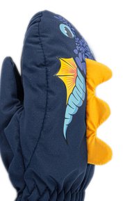 Blue cotton oven mitt with a dragon design. Features an orange accent, textured scales, and a whimsical eye printed on the front.