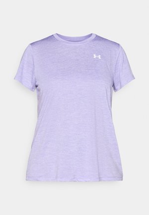 Lilac short-sleeve athletic t-shirt in a soft, textured fabric, featuring a crew neckline and a small white logo on the chest.