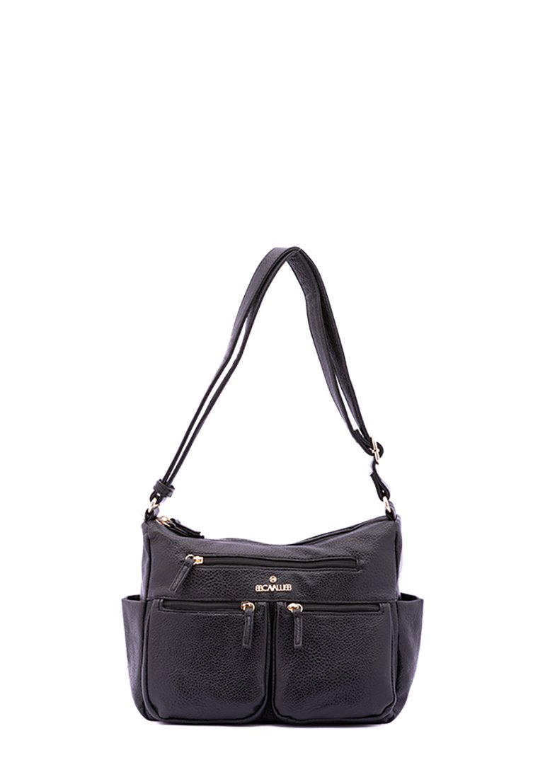 Borsa a tracolla in pelle nera con due tasche anteriori con zip, una singola tracolla regolabile e una superficie testurizzata. Finiture in tono oro.