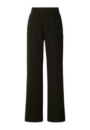 Pantaloni neri a gamba larga realizzati in un tessuto liscio e leggero. Presentano una chiusura con bottone e una vita sagomata per una vestibilità strutturata.