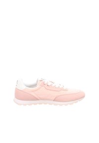 Scarpa sportiva rosa chiaro con tomaia in materiale sintetico, lacci bianchi, pannelli testurizzati e suola in gomma con bordo basso e seghettato.