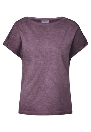 T-shirt violet à manches courtes en tissu texturé, avec une coupe décontractée et des boutons décoratifs sur la couture de l'épaule.