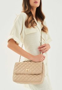 Borsa beige trapuntata con hardware dorato e tracolla a catena. Texture morbida, forma rettangolare, presenta una chiusura a ribalta e un sottile dettaglio del logo.