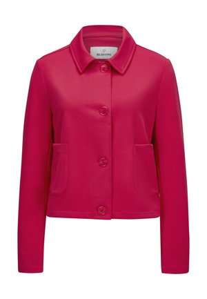 Helles pinkes Jackett aus glattem Stoff, mit einem Kragen, Knopfverschluss vorne und zwei seitlichen Taschen. Taillierte Passform mit langen Ärmeln.