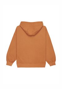 Orangefarbener Kapuzenpullover aus Baumwolle mit langen Ärmeln, gerippten Bündchen und Saum sowie einer lockeren Passform. Glatte Textur, keine sichtbaren Muster oder Verzierungen.