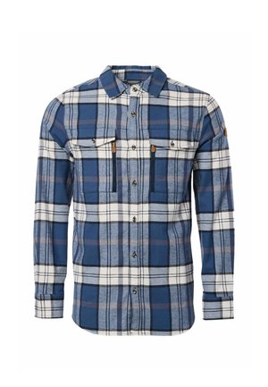 Koszula w niebiesko-biało-szarą kratę, z długimi rękawami, zapinana na guziki z przodu, z dwoma kieszeniami na piersi na zamek błyskawiczny i kieszeniami z patkami zapinanymi na guziki.