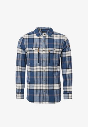 Koszula w niebiesko-biało-szarą kratę, z długimi rękawami, zapinana na guziki z przodu, z dwoma kieszeniami na piersi na zamek błyskawiczny i kieszeniami z patkami zapinanymi na guziki.