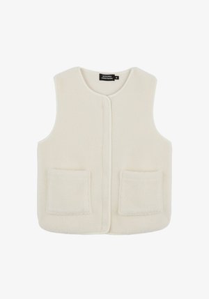 Veste sans manches en polaire crème avec un col rond, une fermeture à pression à l'avant et deux poches avant. Texture douce avec une finition lisse.