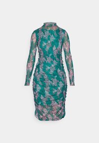 Robe à motifs floraux verts et violets, à manches longues, col haut, silhouette ajustée avec texture froncée et détails de fronces sur les côtés.