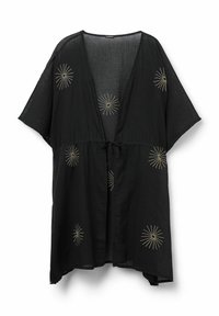 Svart kimono-inspirerad överdragsjacka, lätt material, lös passform. Den har guldbroderade stjärnbloss-mönster och en knytning i midjan.