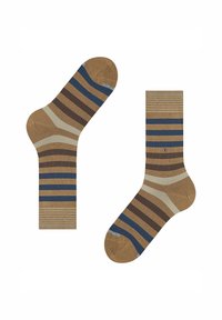 Para skarpetek do połowy łydki w poziome paski w kolorach brązowym, beżowym, ciemnoniebieskim i ciemnobrązowym na białym tle.