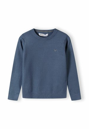 Maglione blu a maglia con maniche lunghe, scollatura rotonda e polsini a coste. Presenta un piccolo logo ricamato sul petto.