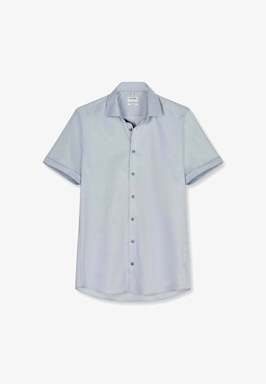Camicia azzurro chiaro a maniche corte con colletto classico, bottoni sul davanti e un motivo sottile in tessuto strutturato.