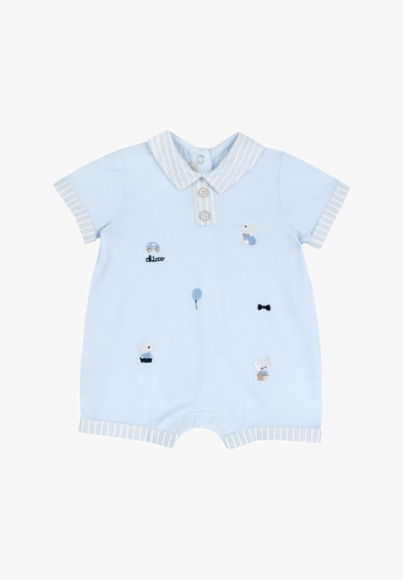 Giocoso romper corto in cotone azzurro con colletto a righe e polsini. Presenta ricami con disegni di orsi, un'auto, un palloncino e un papillon.