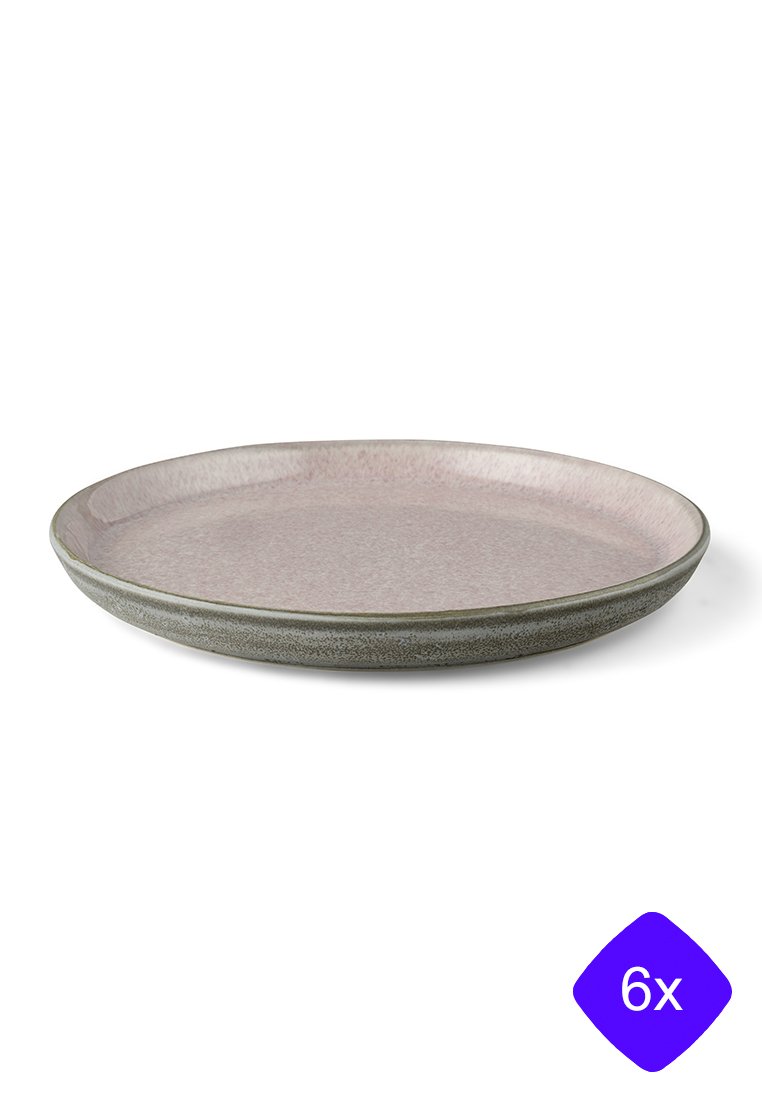 Runde Keramikteller mit mattem pinken Innenleben, leicht erhöhtem Rand und strukturiertem grün-grauen Äußeren. Packung mit 6.