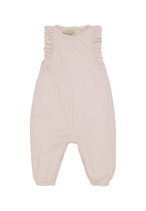 Helle rosa Baumwolloveralls mit Rüschenträgern, dezenten vertikalen Streifen und elastischen Bündchen; Druckknöpfe am Boden für einfaches Ankleiden.