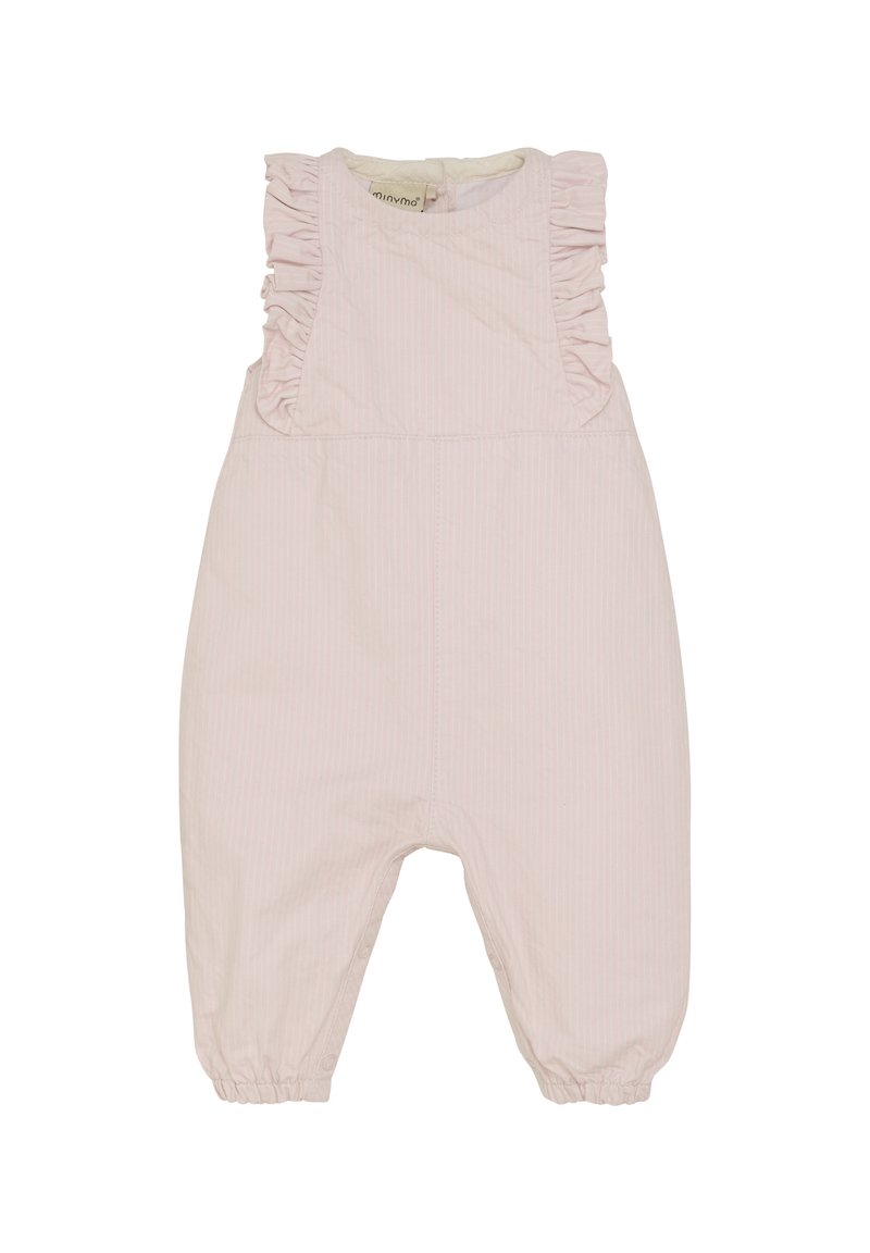 Ljust rosa bomullsoveraller med flikiga axelremmar, subtila vertikala ränder och elastiska ärmslut; tryckknappar i botten för lätt påklädning.