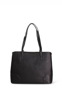 Borsa a mano in pelle nera con finitura texturizzata, forma rettangolare, doppio manico e dettagli in pelle liscia alla base.