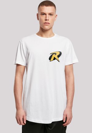 White cotton T-shirt featuring a black and yellow stylized "R" logo on the chest, short sleeves, and a classic crew neckline.